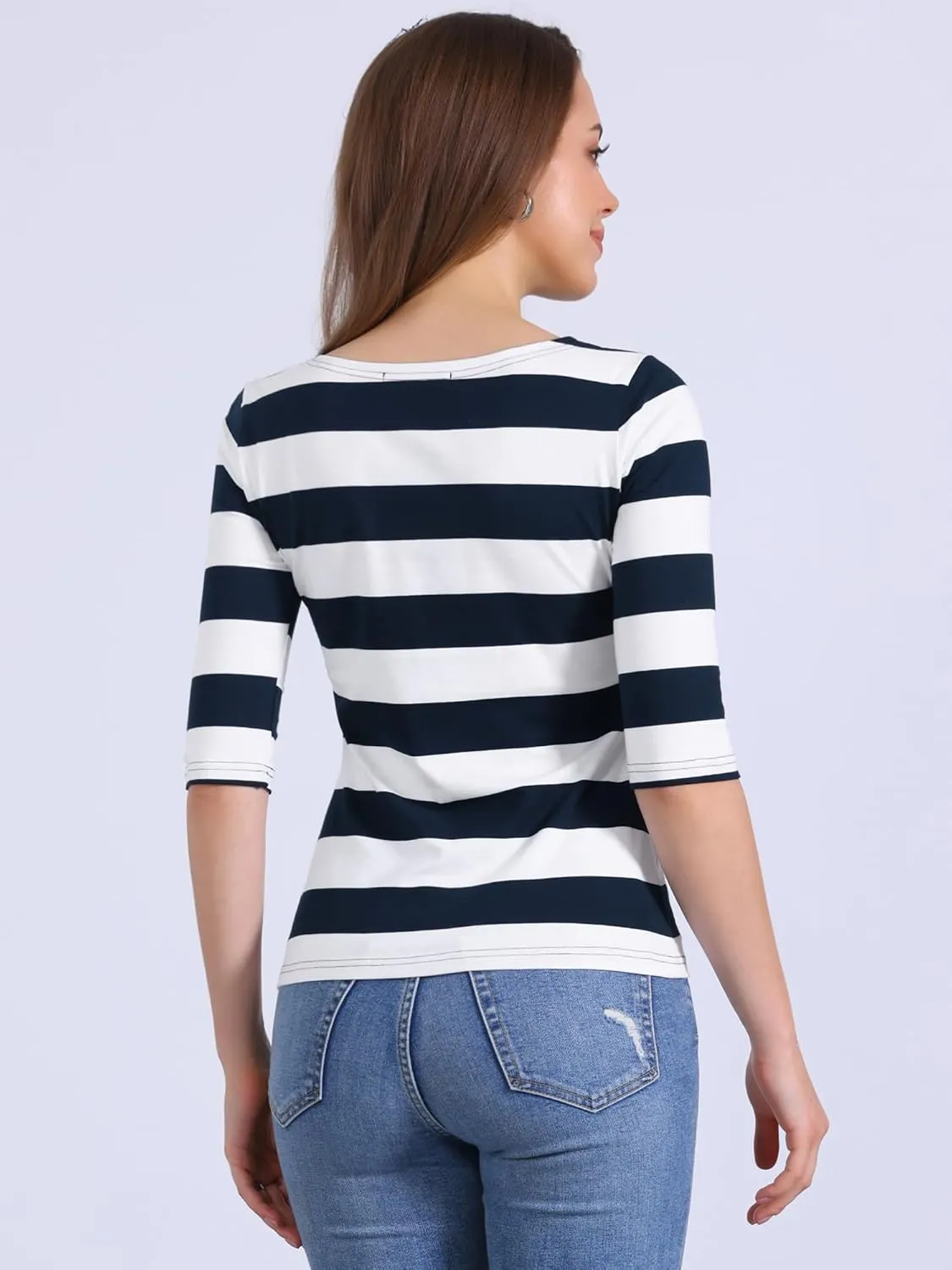 Allegra K Women's Slim Fit Elbow Sleeve Striped Boat Neck T-Shirt