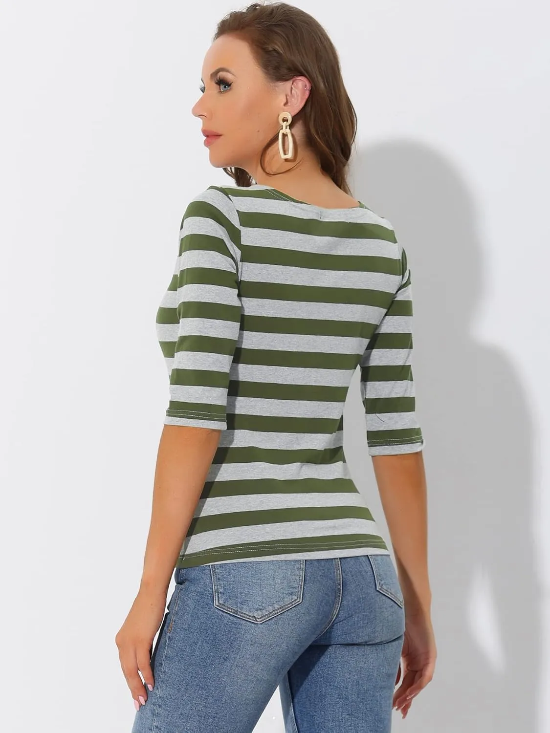 Allegra K Women's Slim Fit Elbow Sleeve Striped Boat Neck T-Shirt