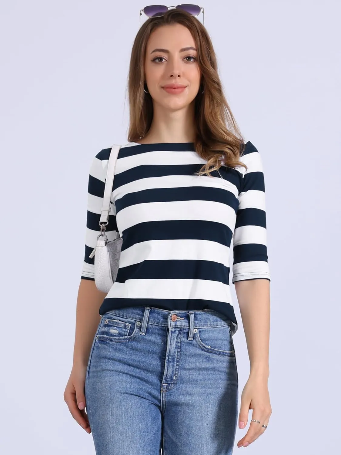 Allegra K Women's Slim Fit Elbow Sleeve Striped Boat Neck T-Shirt