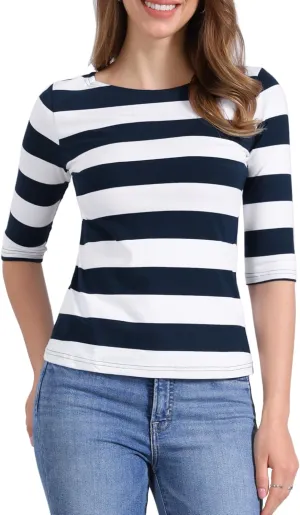 Allegra K Women's Slim Fit Elbow Sleeve Striped Boat Neck T-Shirt