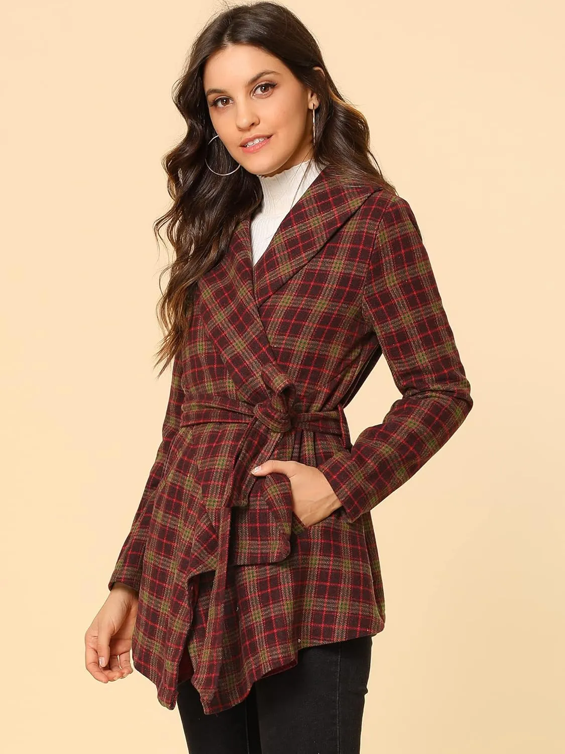 Allegra K Women's Turn Down Collar Asymmetric Hem Thin Plaids Wrap Coat