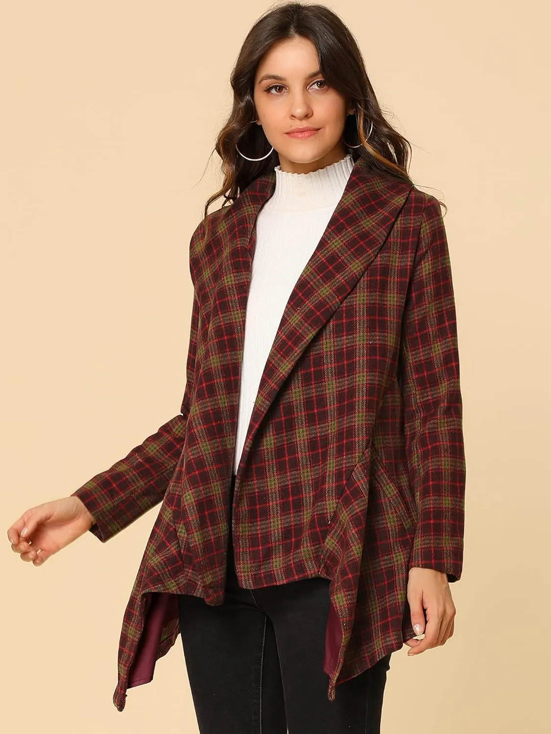 Allegra K Women's Turn Down Collar Asymmetric Hem Thin Plaids Wrap Coat