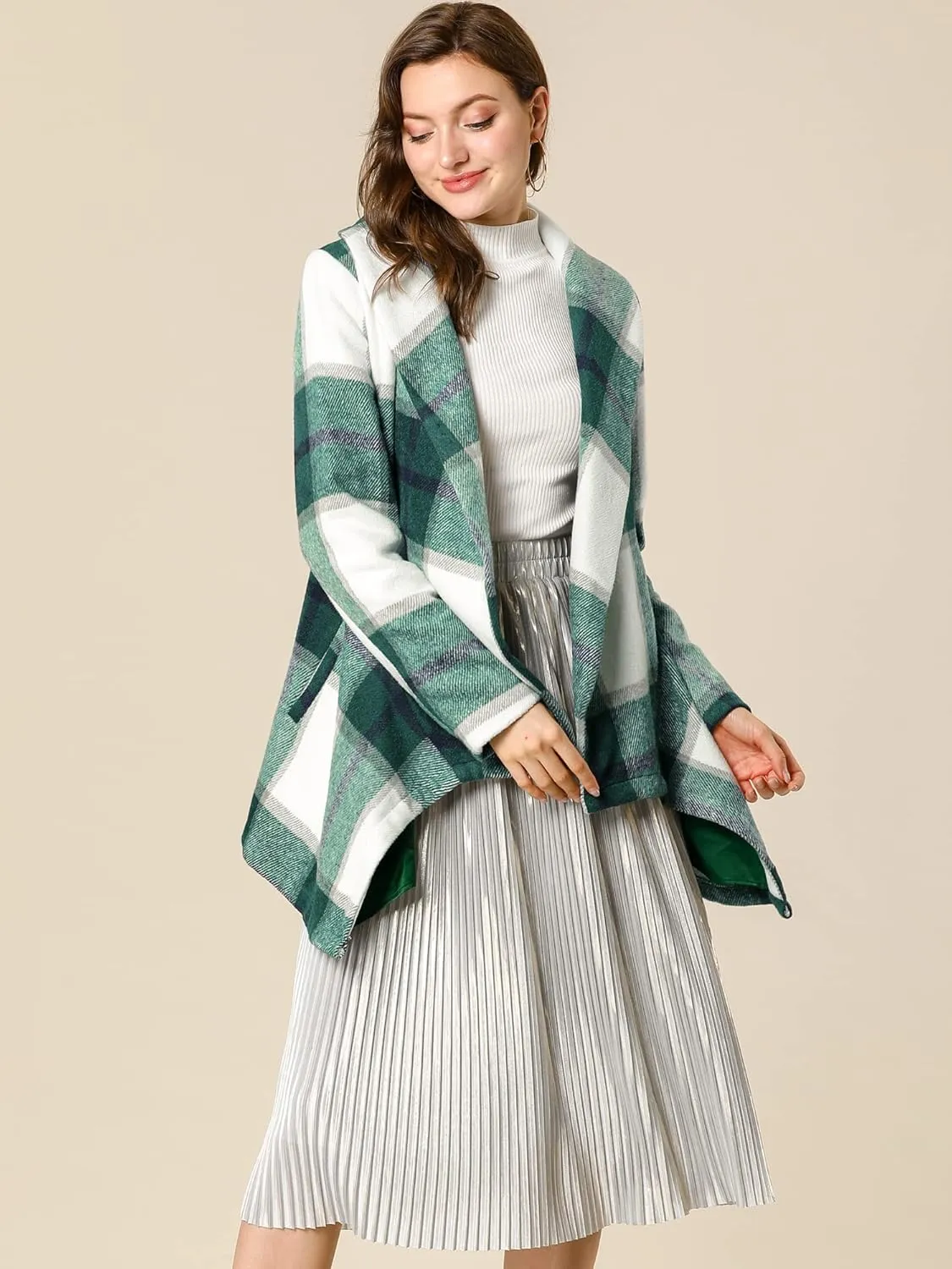 Allegra K Women's Turn Down Collar Asymmetric Hem Thin Plaids Wrap Coat