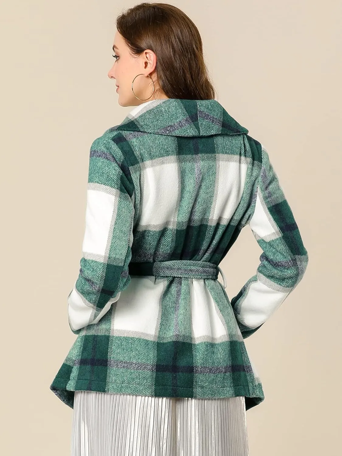 Allegra K Women's Turn Down Collar Asymmetric Hem Thin Plaids Wrap Coat