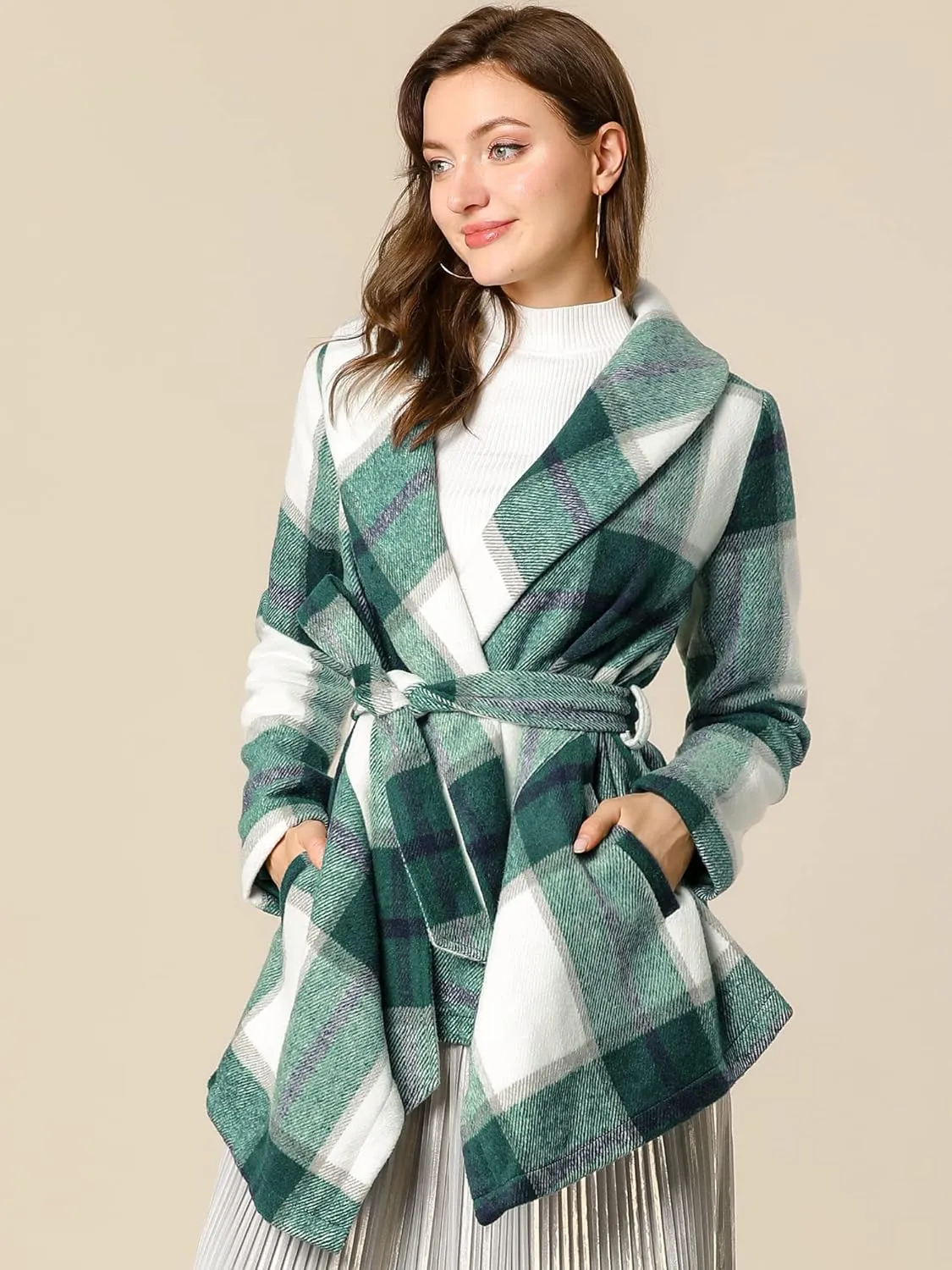 Allegra K Women's Turn Down Collar Asymmetric Hem Thin Plaids Wrap Coat