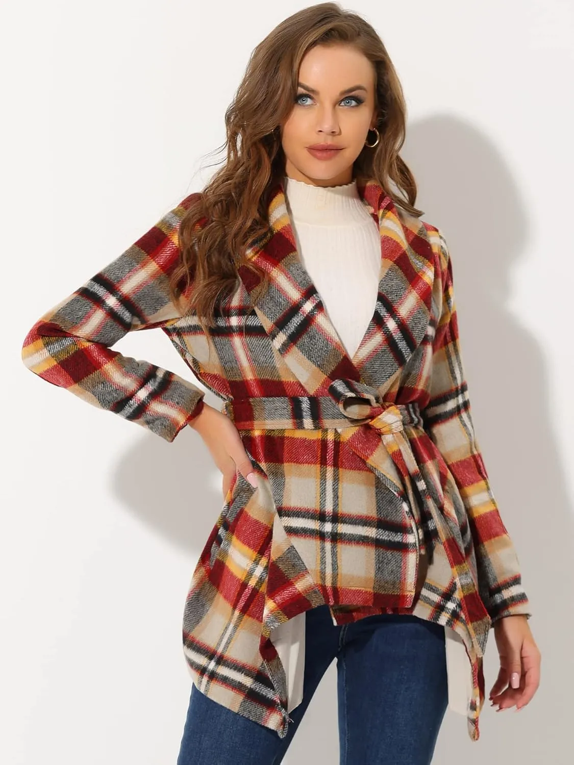 Allegra K Women's Turn Down Collar Asymmetric Hem Thin Plaids Wrap Coat