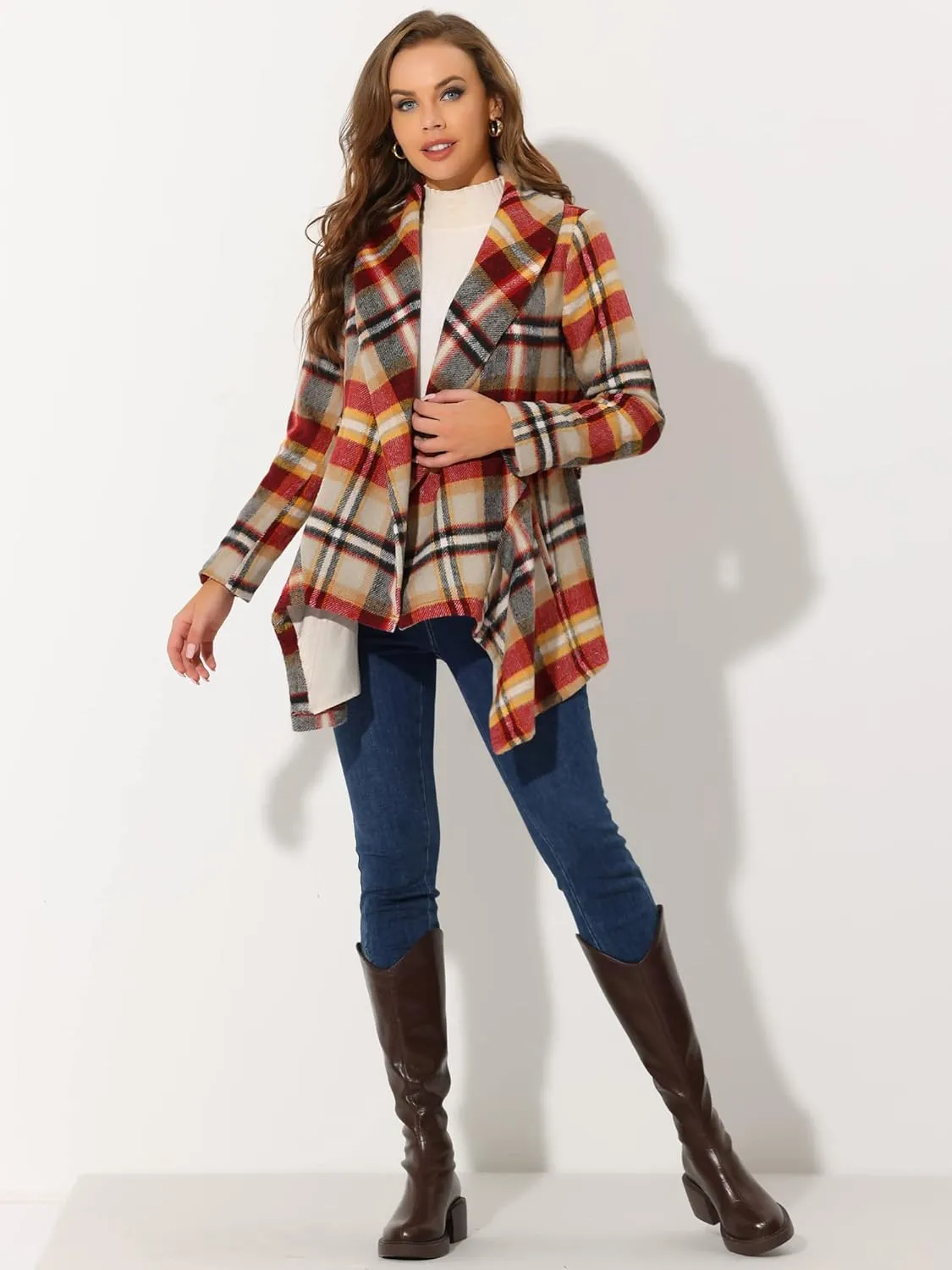 Allegra K Women's Turn Down Collar Asymmetric Hem Thin Plaids Wrap Coat