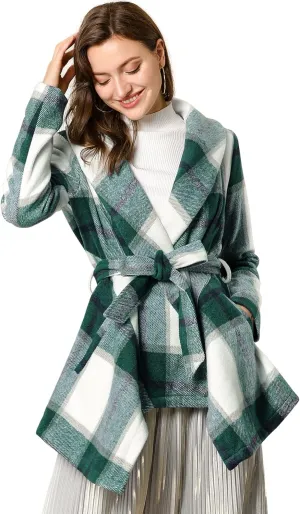 Allegra K Women's Turn Down Collar Asymmetric Hem Thin Plaids Wrap Coat