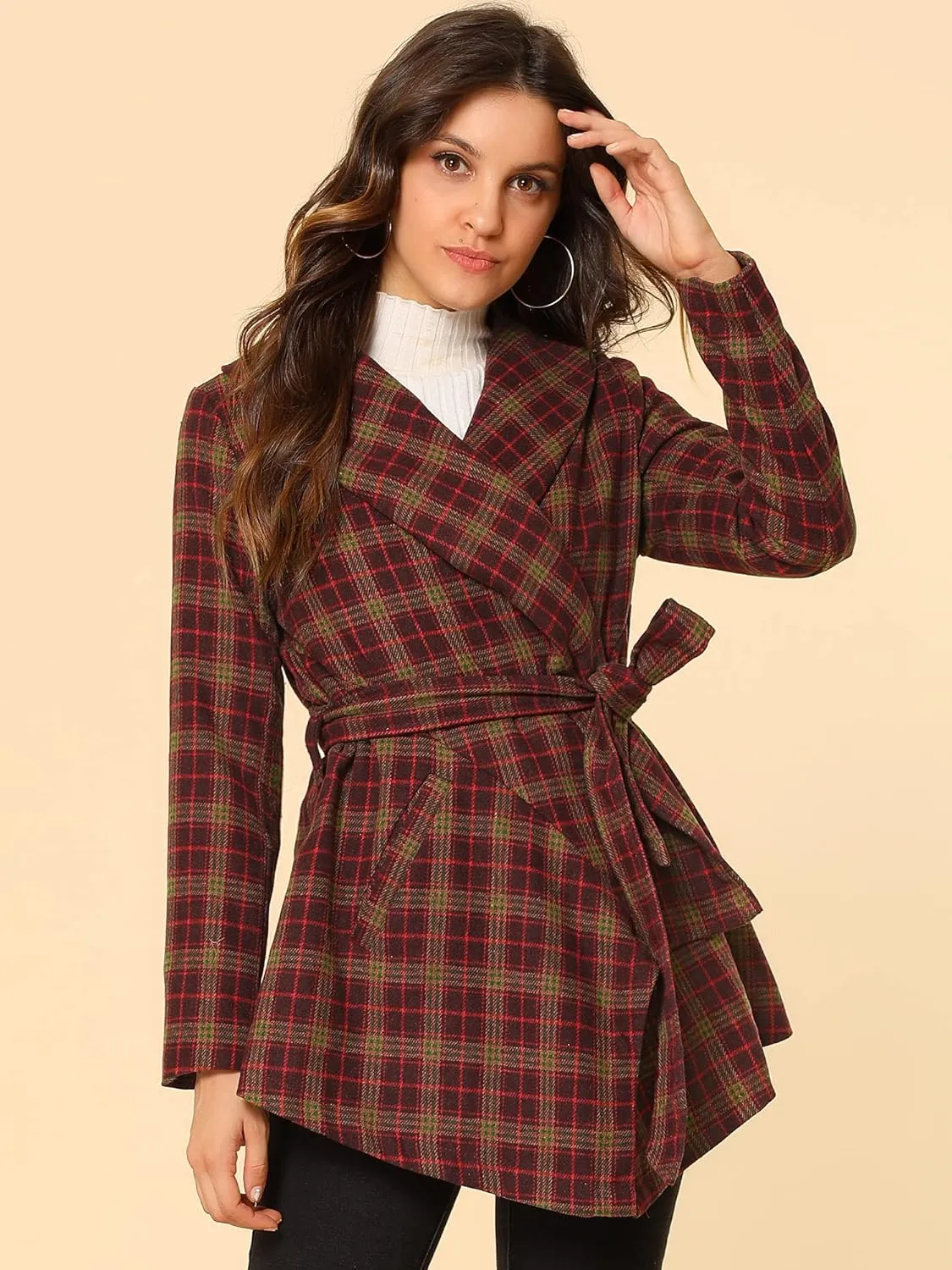 Allegra K Women's Turn Down Collar Asymmetric Hem Thin Plaids Wrap Coat