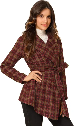Allegra K Women's Turn Down Collar Asymmetric Hem Thin Plaids Wrap Coat