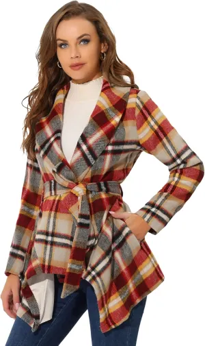 Allegra K Women's Turn Down Collar Asymmetric Hem Thin Plaids Wrap Coat