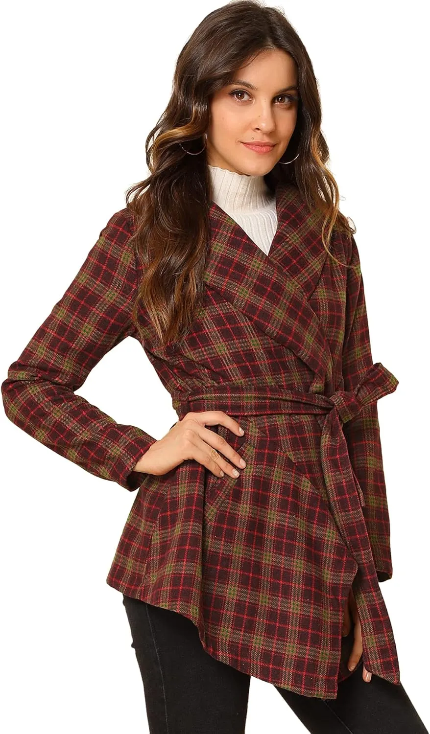 Allegra K Women's Turn Down Collar Asymmetric Hem Thin Plaids Wrap Coat