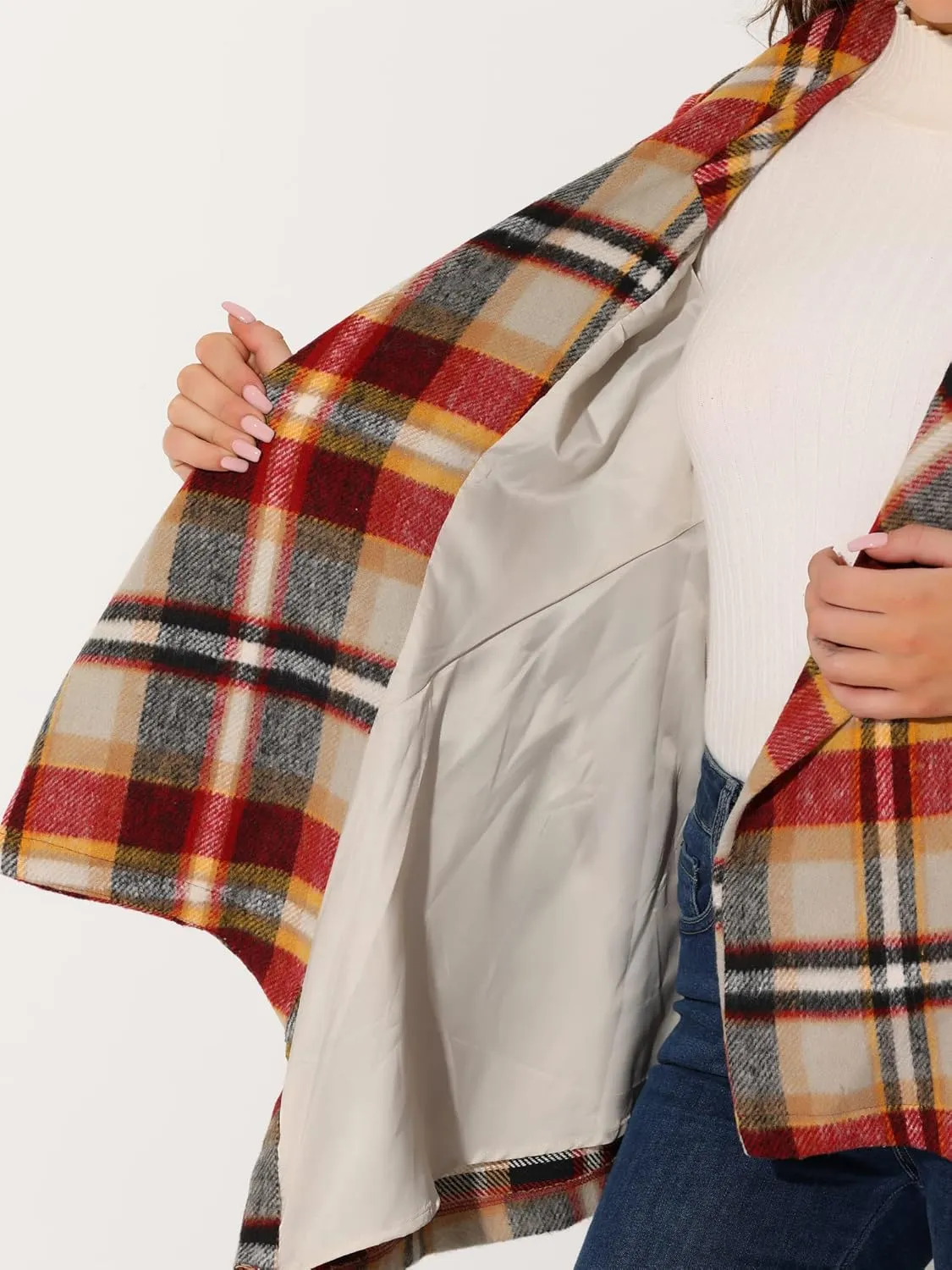 Allegra K Women's Turn Down Collar Asymmetric Hem Thin Plaids Wrap Coat