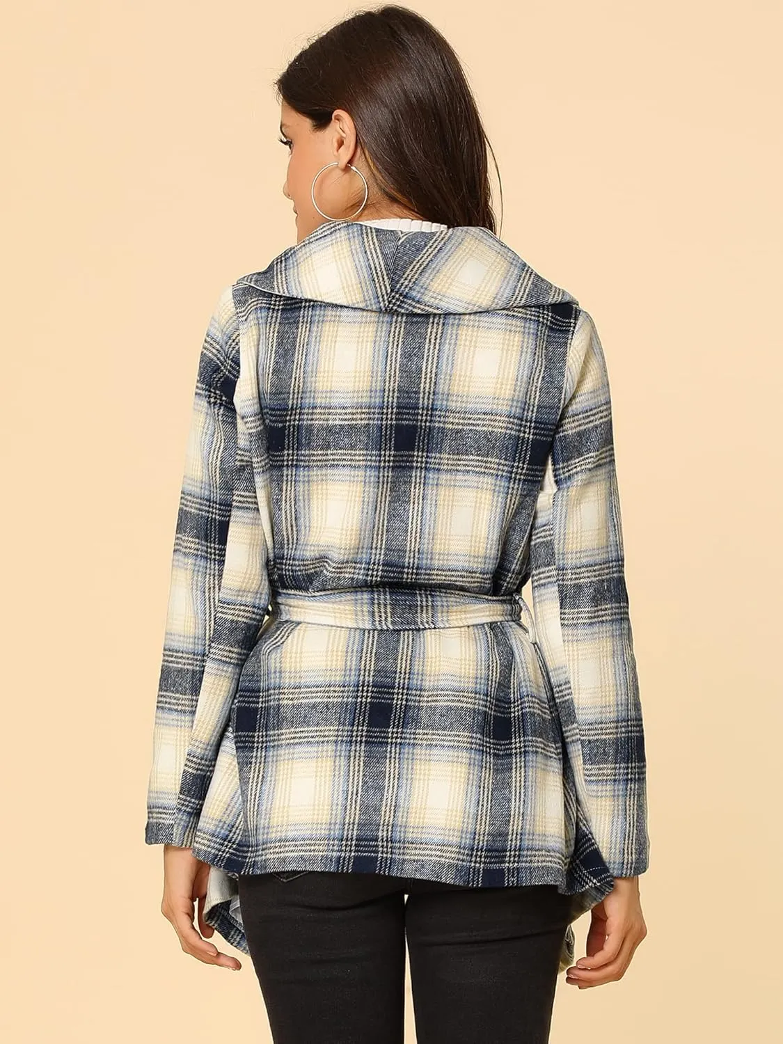 Allegra K Women's Turn Down Collar Asymmetric Hem Thin Plaids Wrap Coat