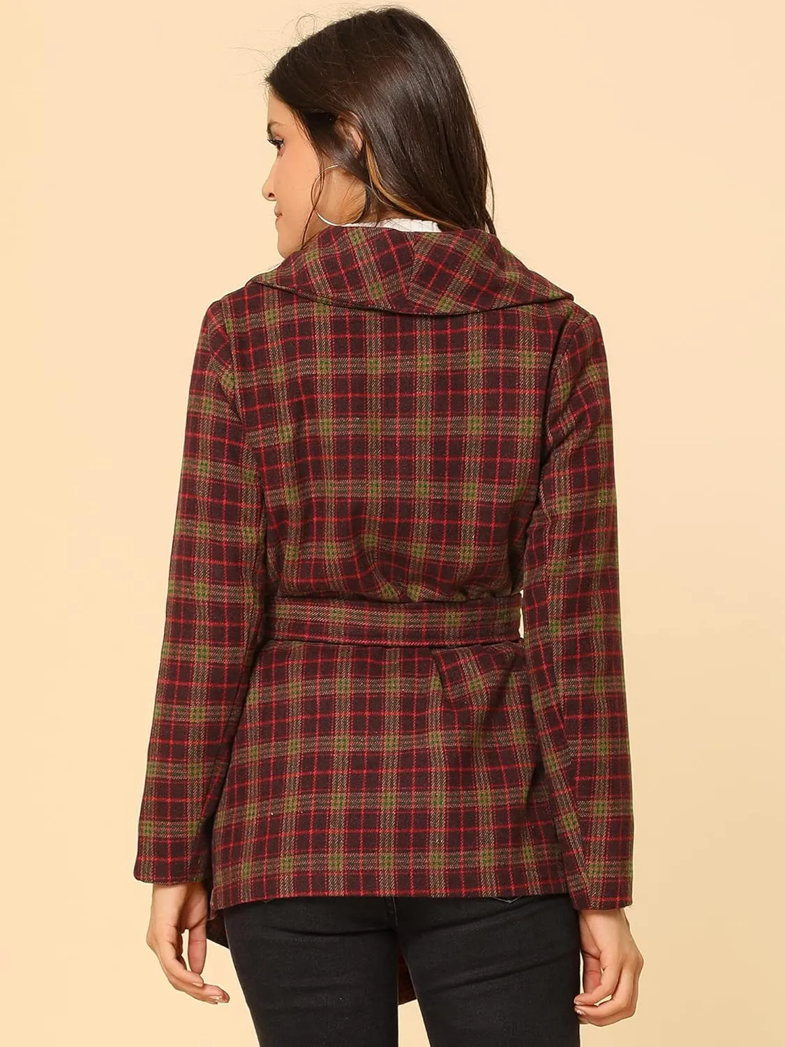 Allegra K Women's Turn Down Collar Asymmetric Hem Thin Plaids Wrap Coat