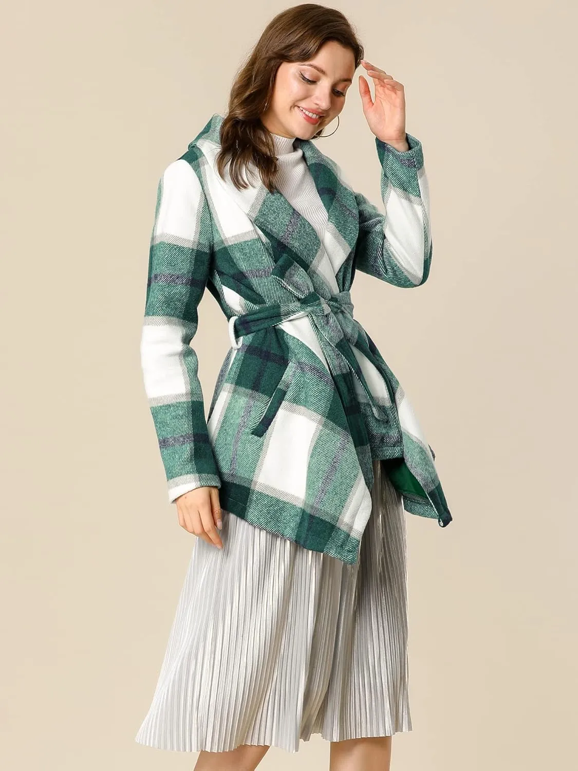 Allegra K Women's Turn Down Collar Asymmetric Hem Thin Plaids Wrap Coat