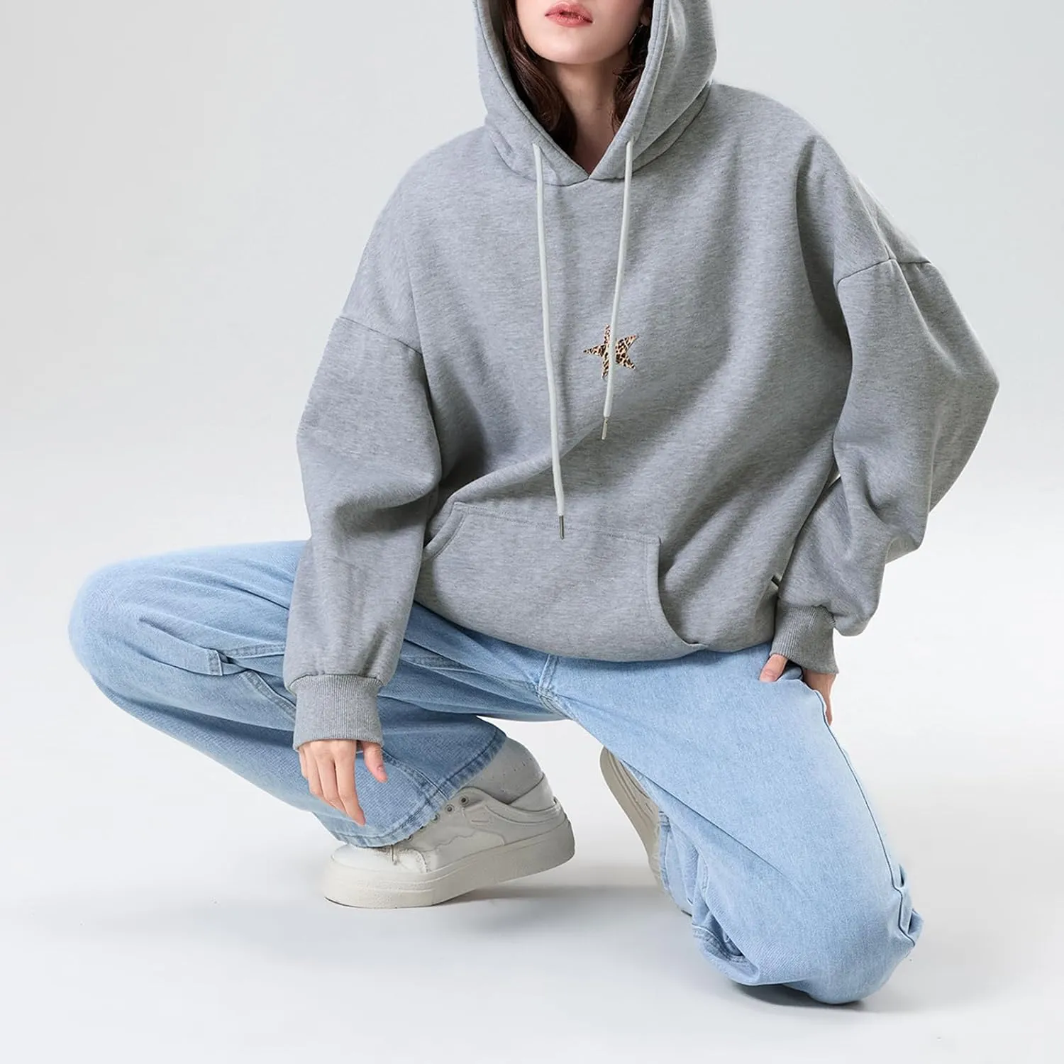 Amiblvowa Preppy Embroidery Graphic Hoodies for Teen Girl Y2K Long Sleeve Oversized Pullover Sweatshirt Top Women Cute Hooded