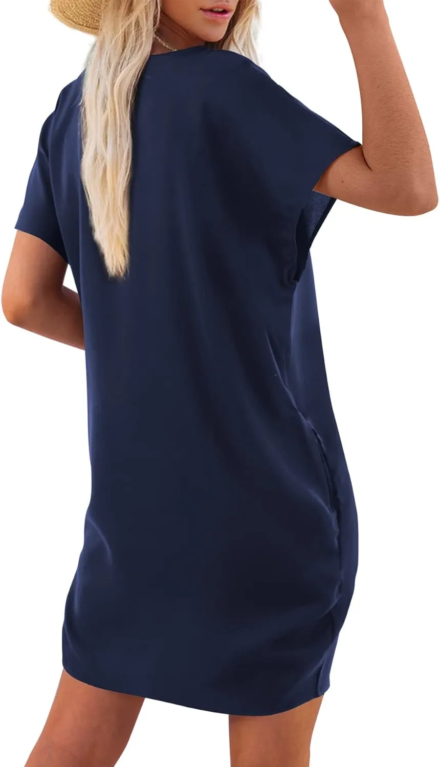 Amoretu Short Sleeve V Neck Mini Dresses Loose Fit Trendy Tunic Dress for Women with Pocket