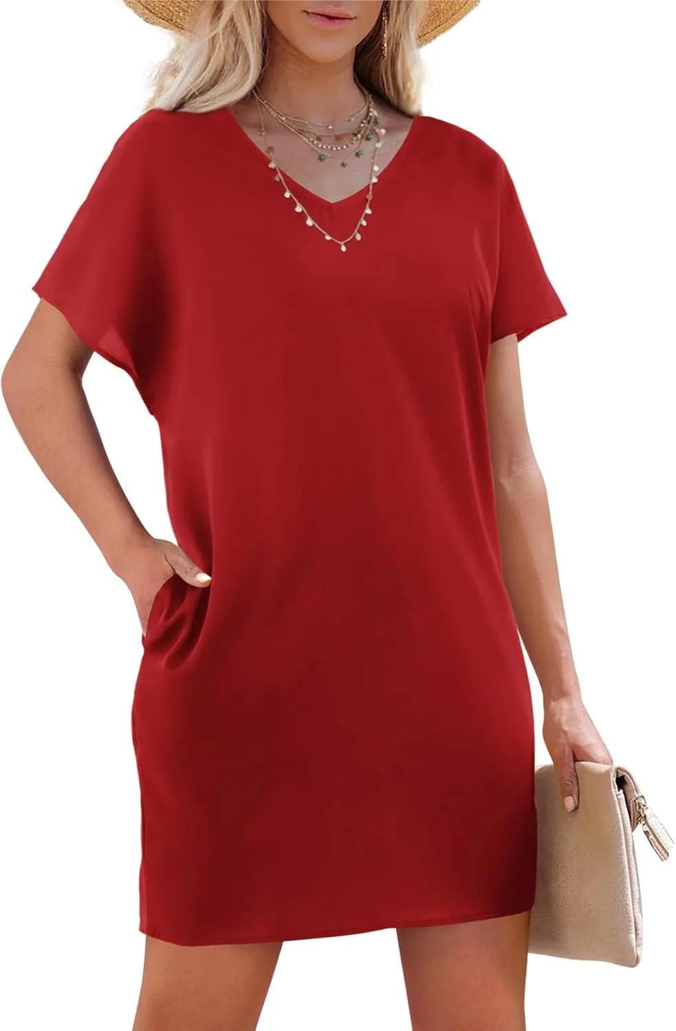 Amoretu Short Sleeve V Neck Mini Dresses Loose Fit Trendy Tunic Dress for Women with Pocket