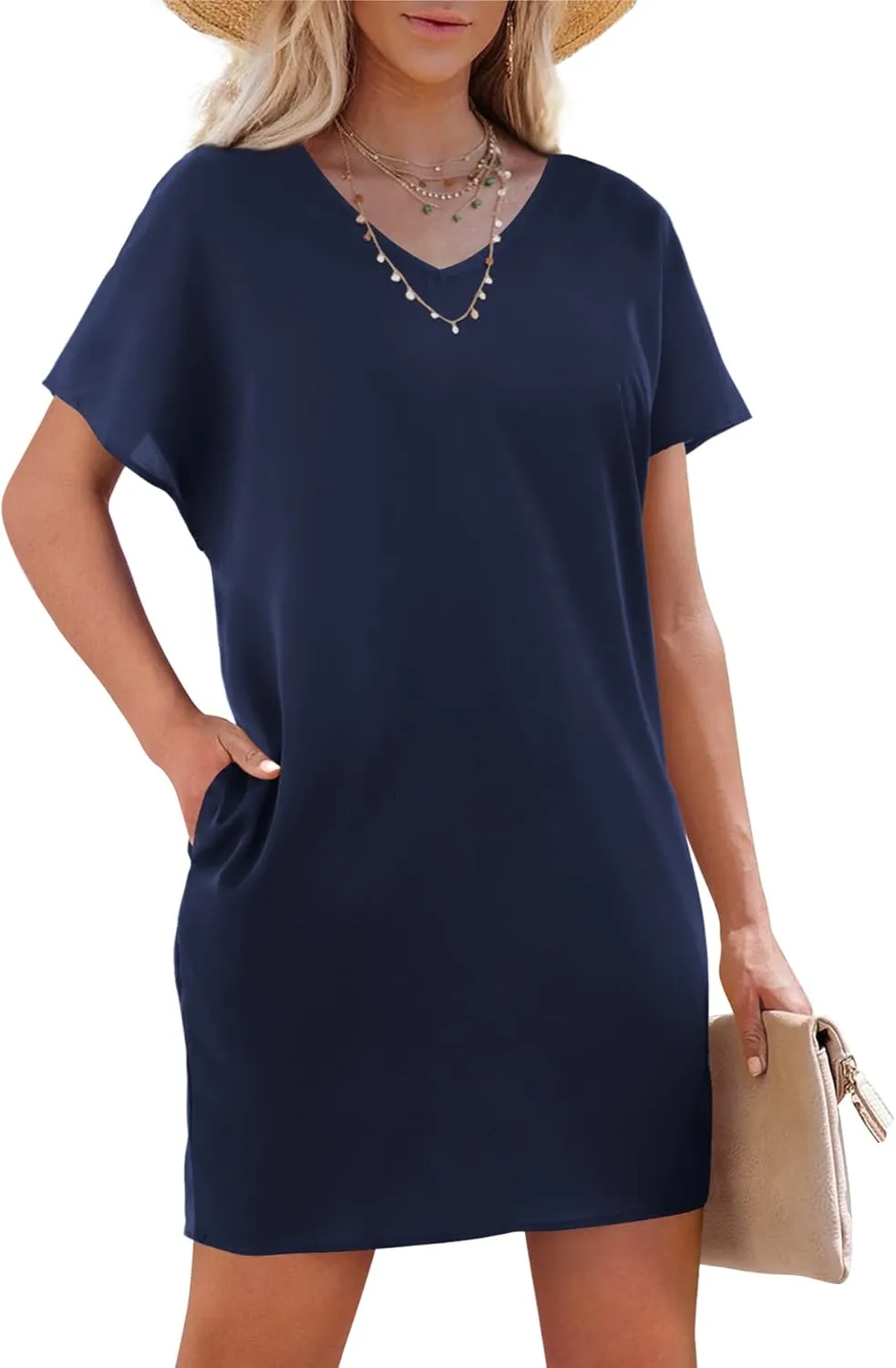 Amoretu Short Sleeve V Neck Mini Dresses Loose Fit Trendy Tunic Dress for Women with Pocket