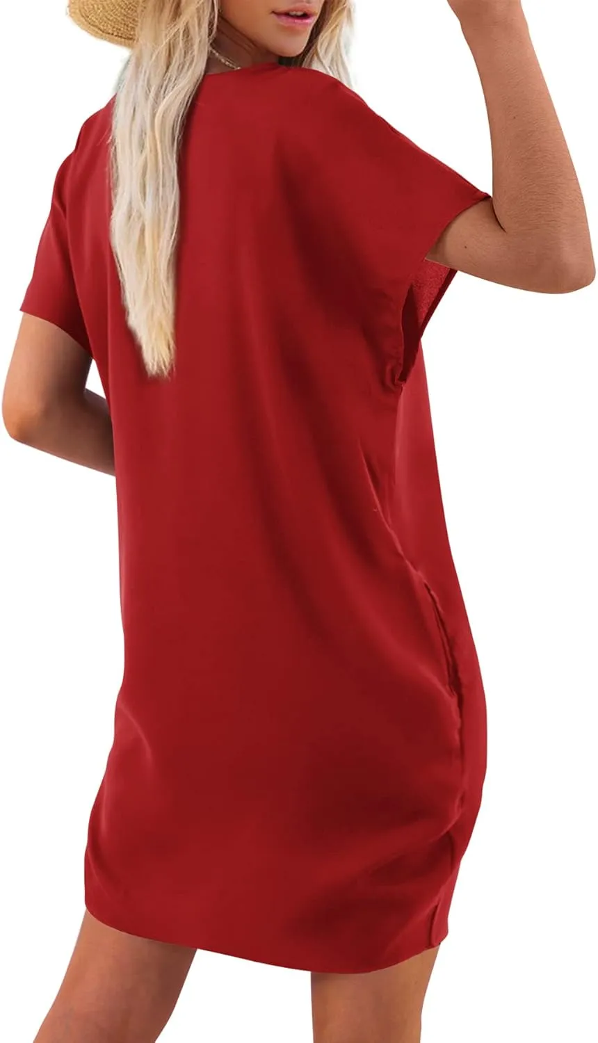 Amoretu Short Sleeve V Neck Mini Dresses Loose Fit Trendy Tunic Dress for Women with Pocket