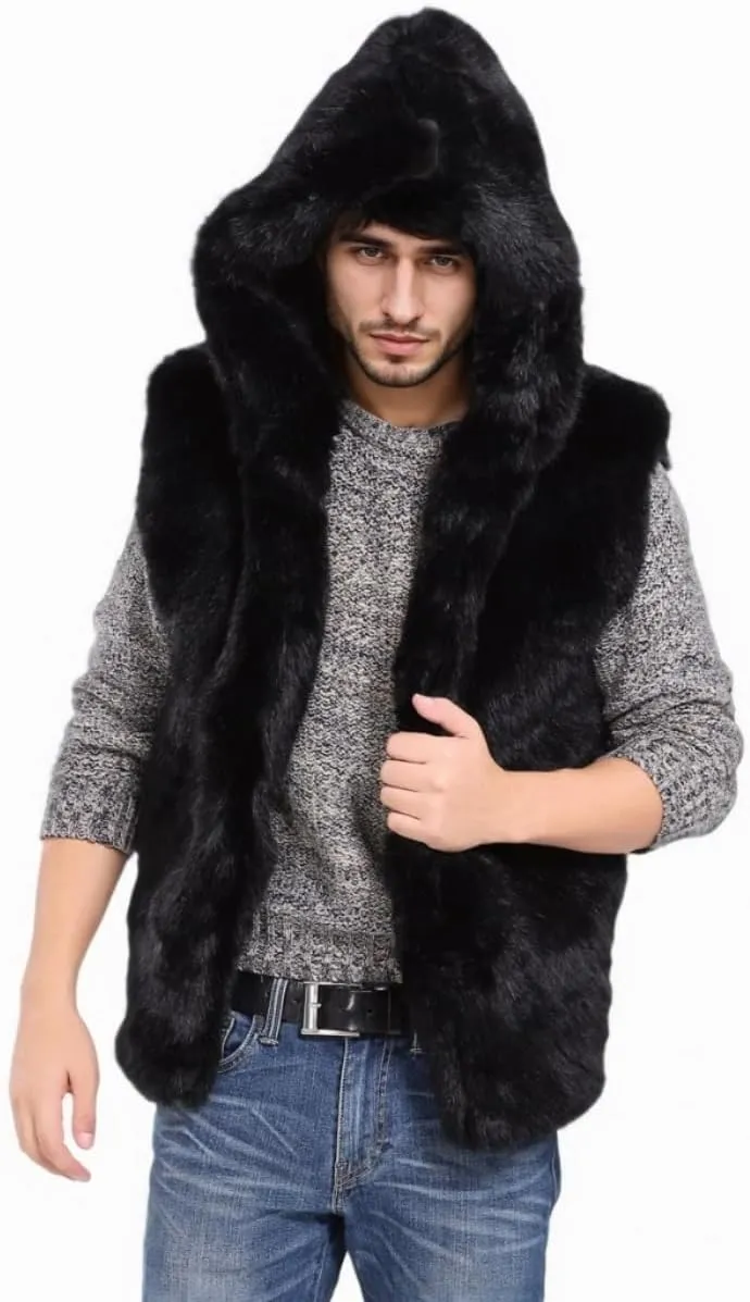AMTFBY Men's Warm Faux Fur Hooded Waistcoat Short Vest Jacket Coat Sleeveless Outwear