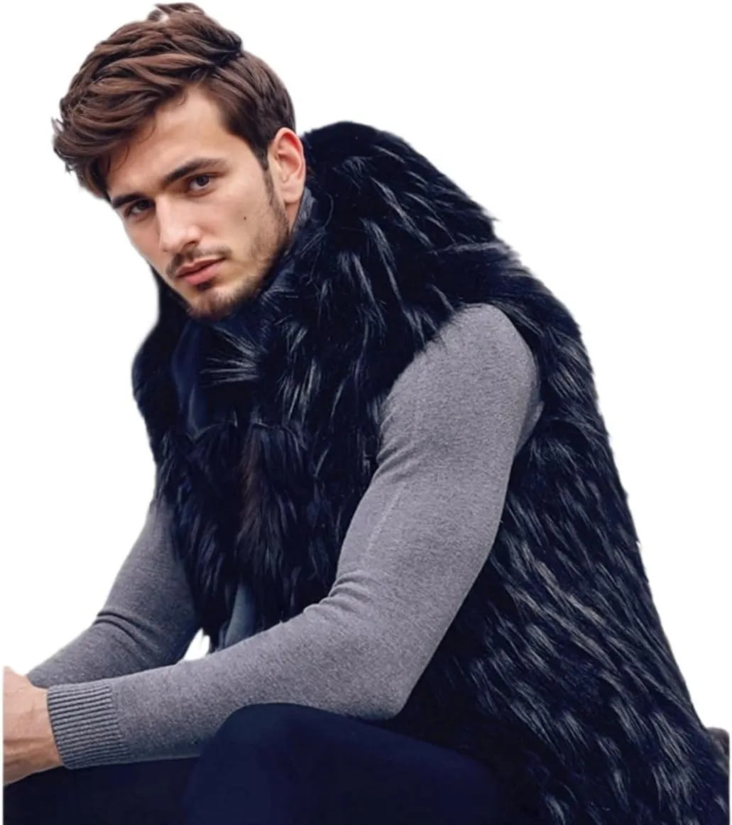 AMTFBY Men's Warm Faux Fur Hooded Waistcoat Short Vest Jacket Coat Sleeveless Outwear