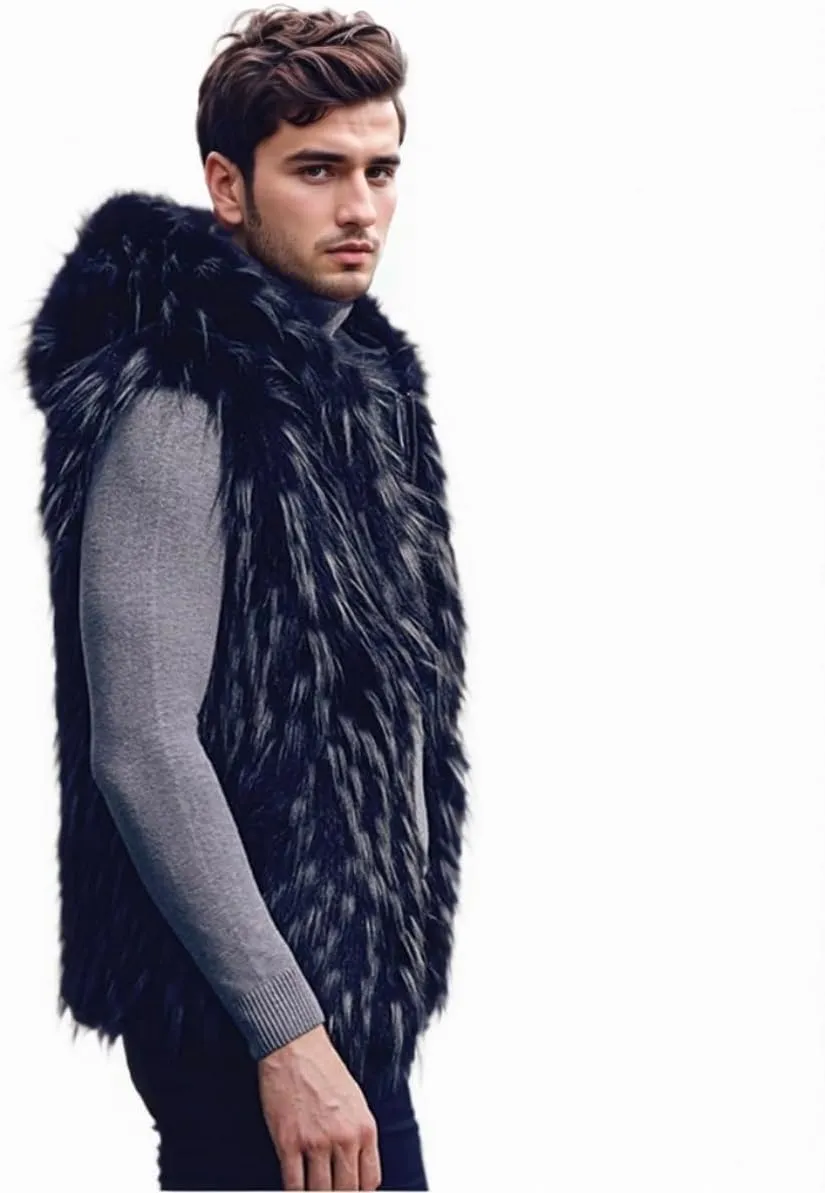 AMTFBY Men's Warm Faux Fur Hooded Waistcoat Short Vest Jacket Coat Sleeveless Outwear