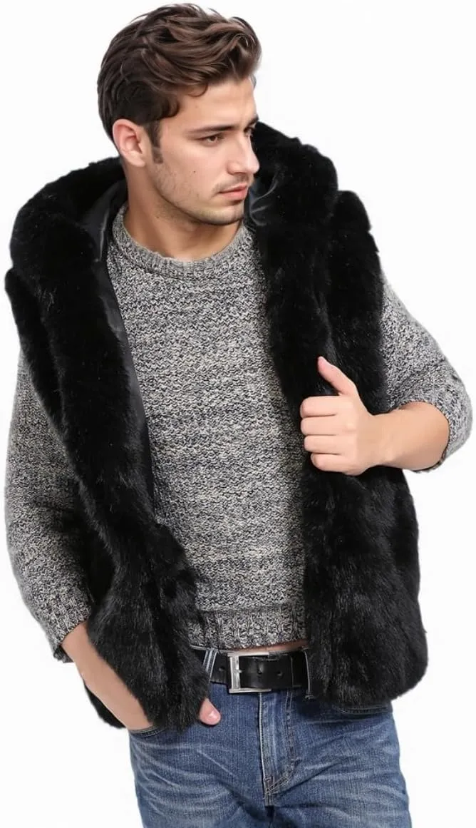 AMTFBY Men's Warm Faux Fur Hooded Waistcoat Short Vest Jacket Coat Sleeveless Outwear