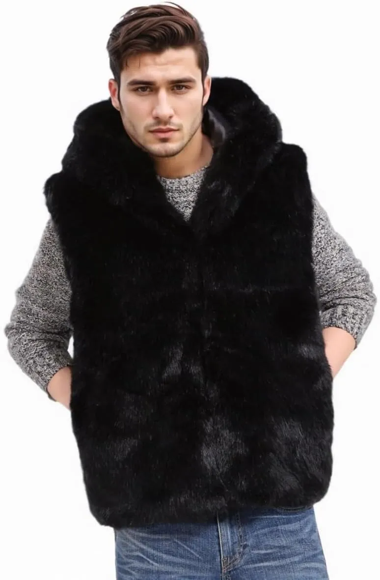 AMTFBY Men's Warm Faux Fur Hooded Waistcoat Short Vest Jacket Coat Sleeveless Outwear