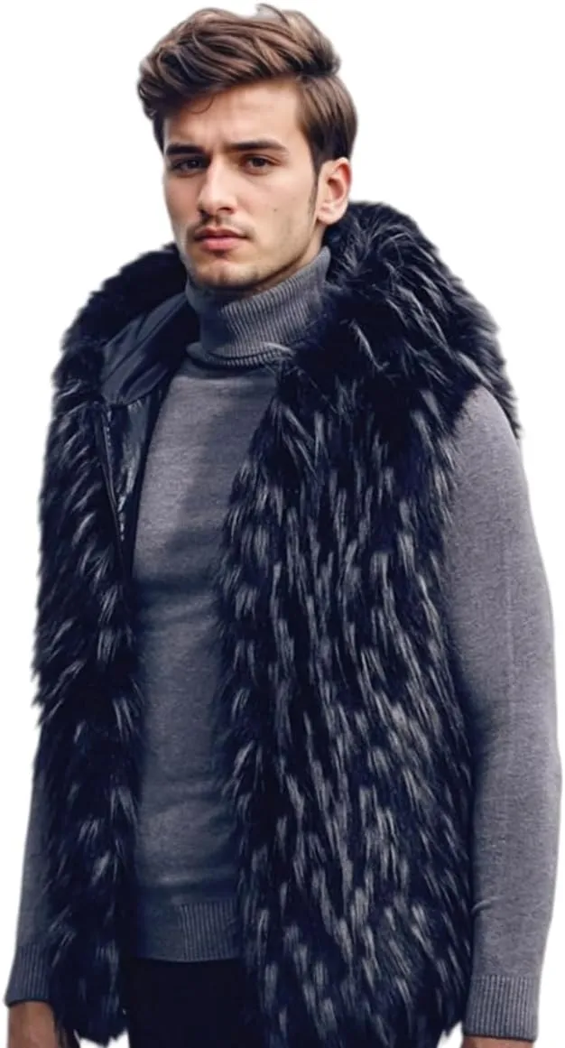 AMTFBY Men's Warm Faux Fur Hooded Waistcoat Short Vest Jacket Coat Sleeveless Outwear