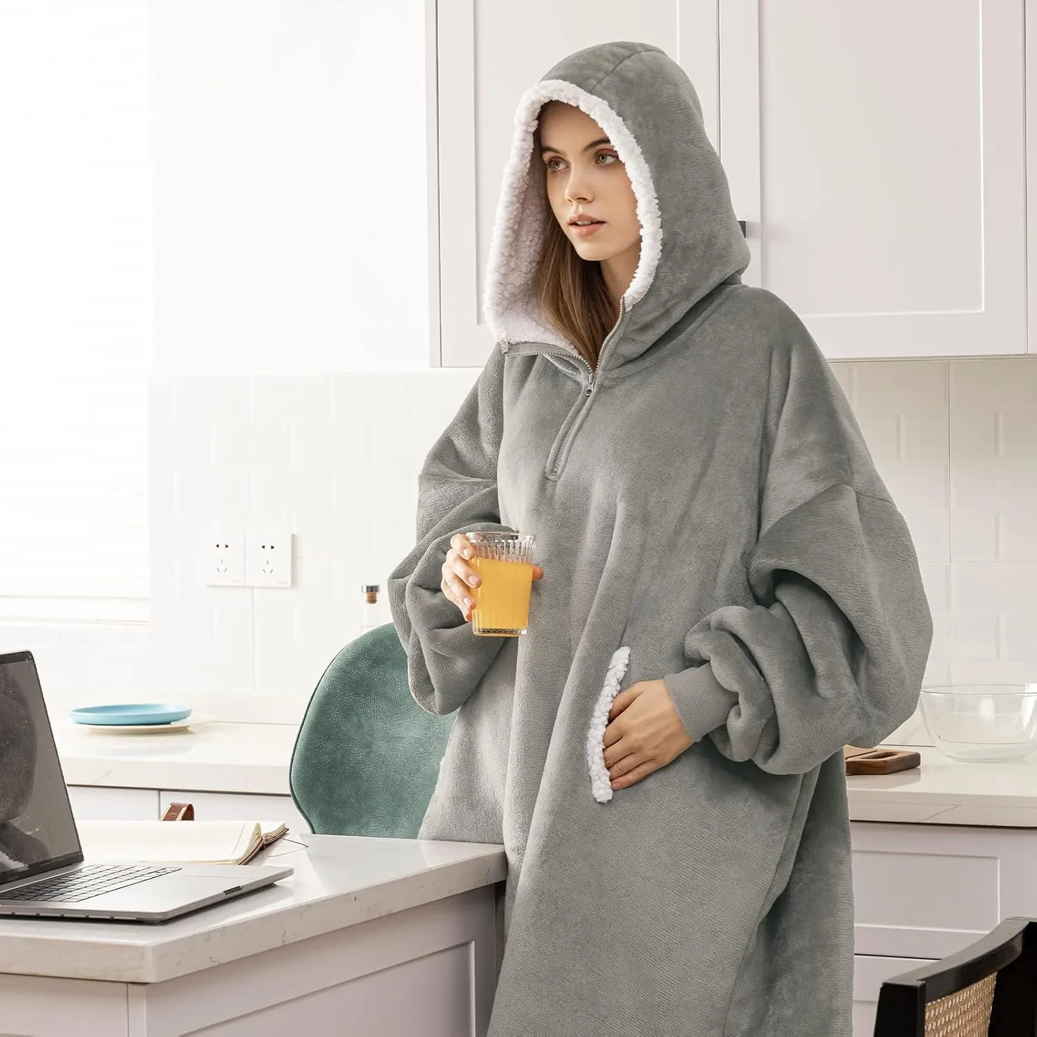 Angelhood Blanket Hoodie Wearable Blanket, Super Soft Warm Oversized Blanket Sweatshirt Flannel Sherpa Blanket