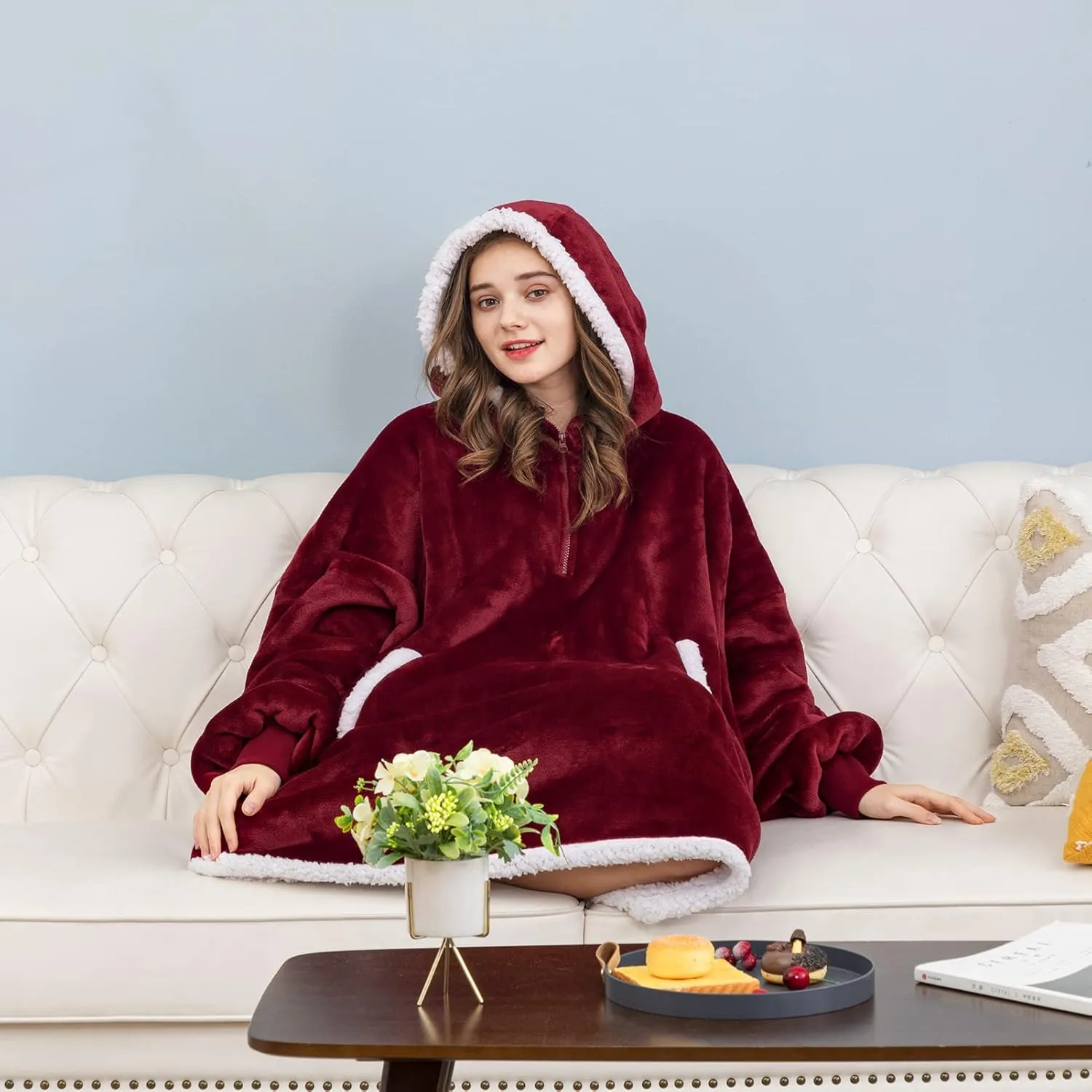 Angelhood Blanket Hoodie Wearable Blanket, Super Soft Warm Oversized Blanket Sweatshirt Flannel Sherpa Blanket