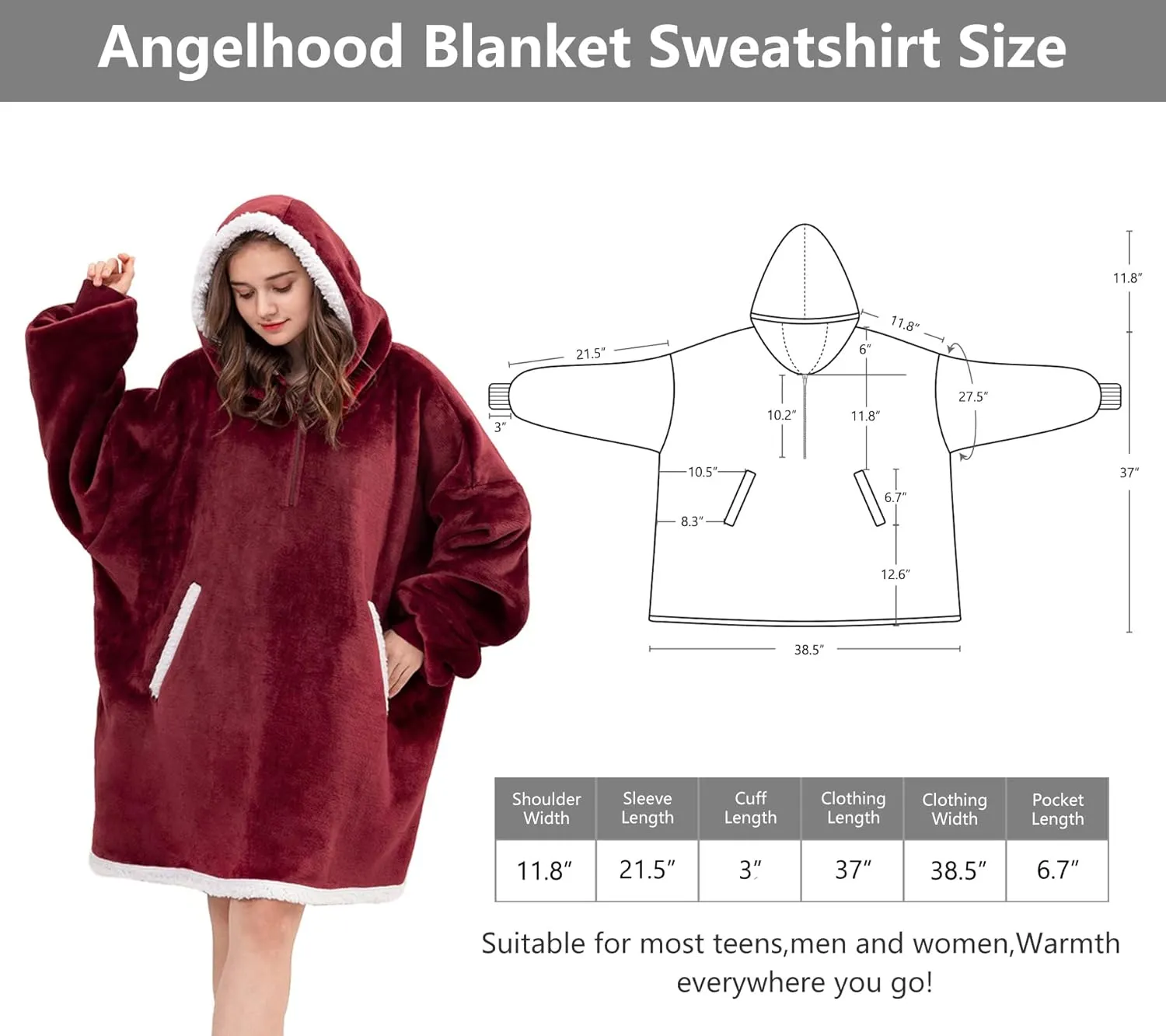 Angelhood Blanket Hoodie Wearable Blanket, Super Soft Warm Oversized Blanket Sweatshirt Flannel Sherpa Blanket