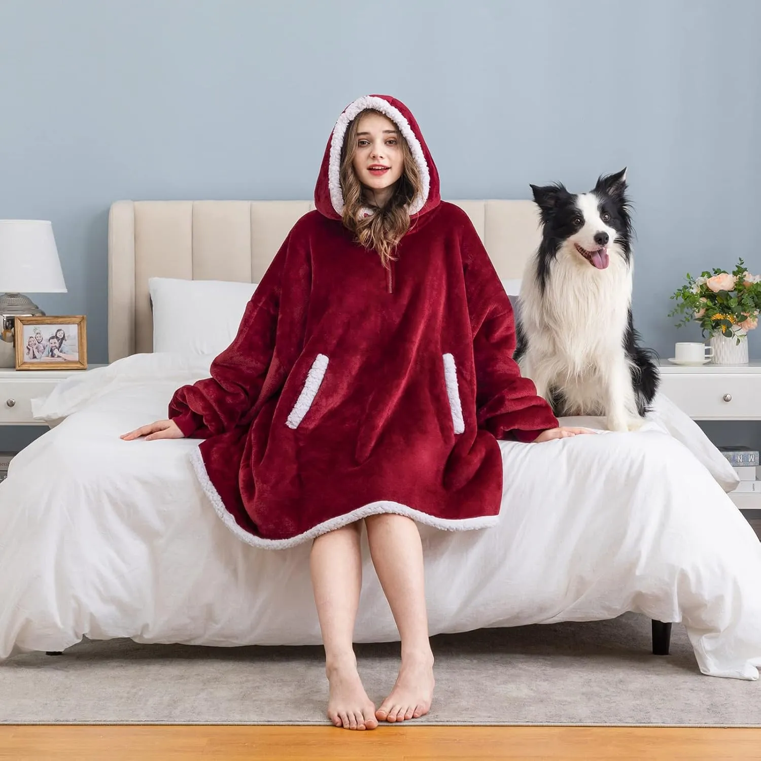 Angelhood Blanket Hoodie Wearable Blanket, Super Soft Warm Oversized Blanket Sweatshirt Flannel Sherpa Blanket