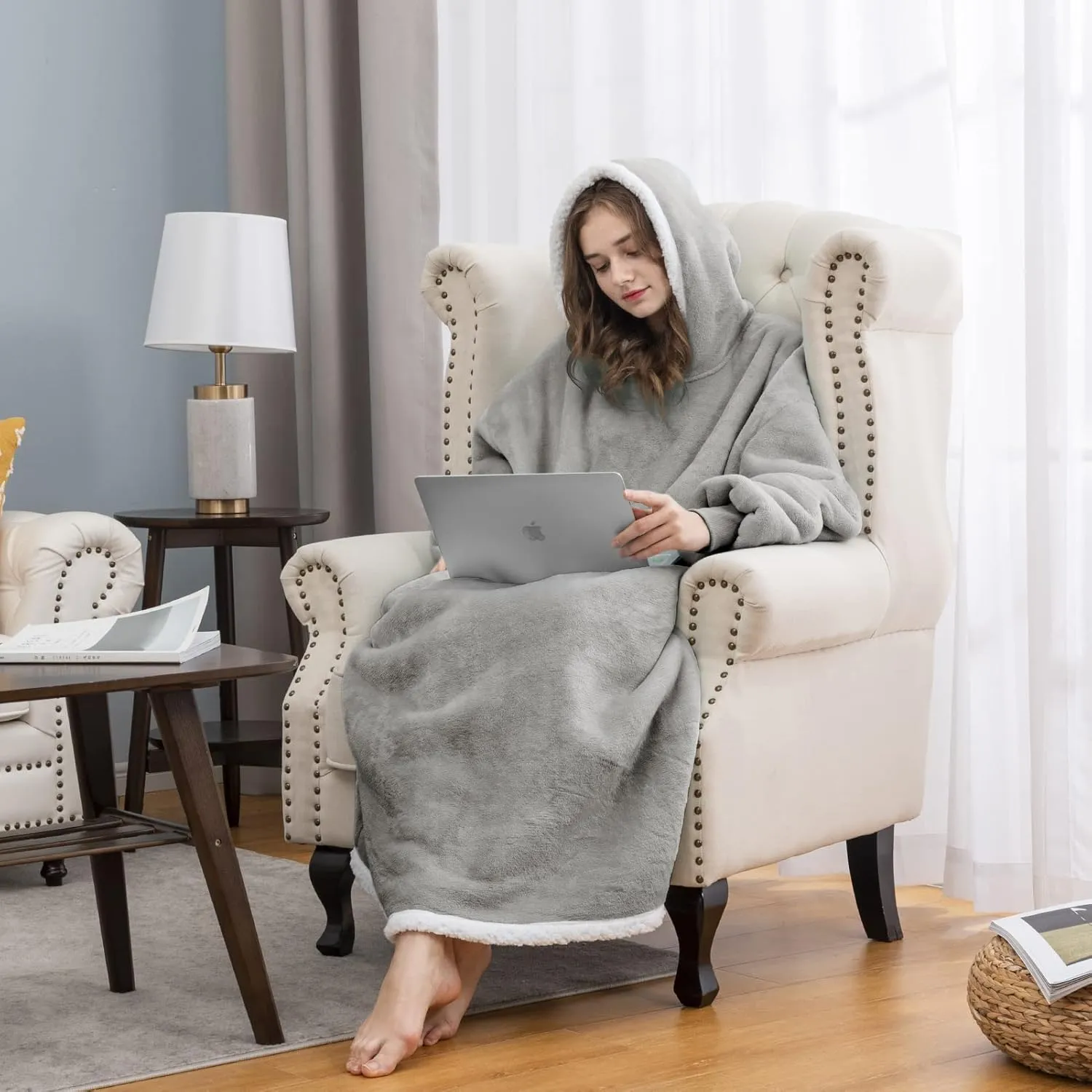 Angelhood Blanket Hoodie Wearable Blanket, Super Soft Warm Oversized Blanket Sweatshirt Flannel Sherpa Blanket