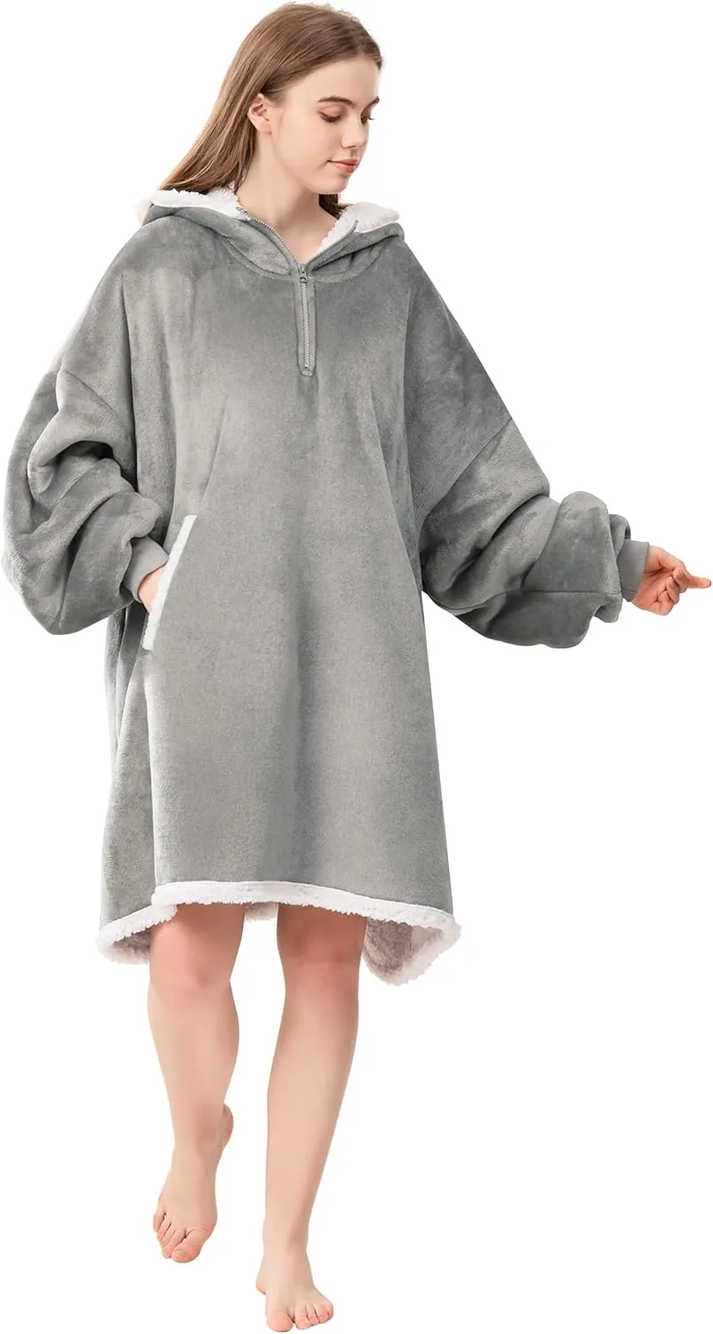 Angelhood Blanket Hoodie Wearable Blanket, Super Soft Warm Oversized Blanket Sweatshirt Flannel Sherpa Blanket