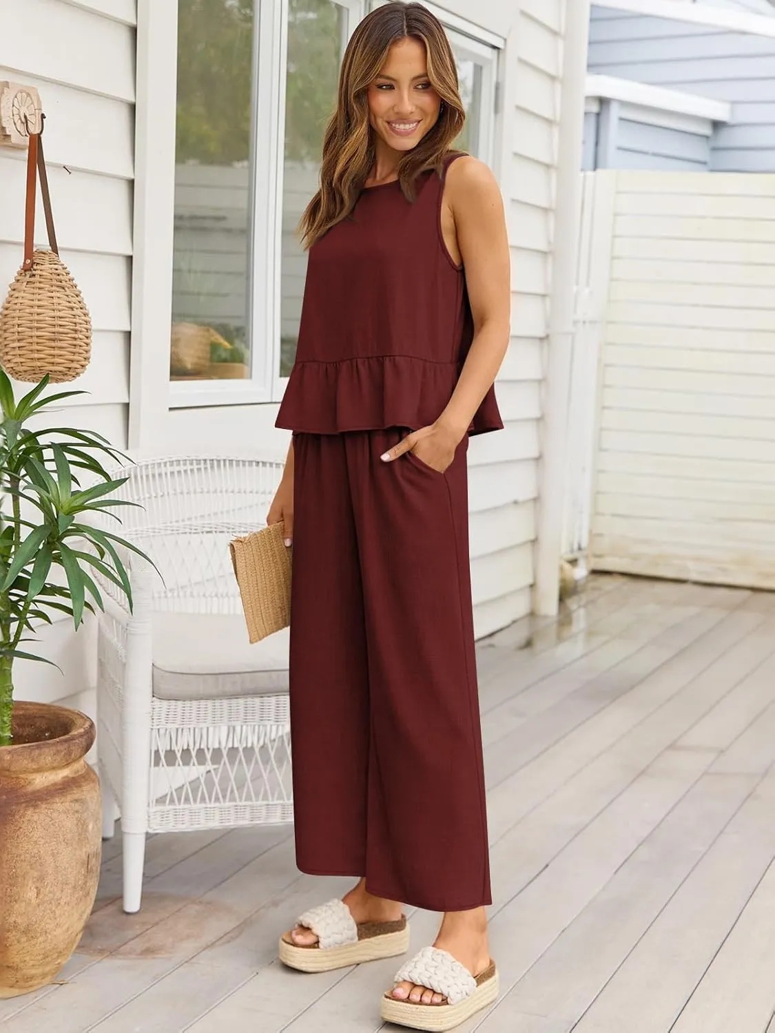 AUTOMET Womens Summer 2 Piece Outfits Linen Crop Tank Tops Lounge Matching Sets & Long Track Pants Tracksuits 2025