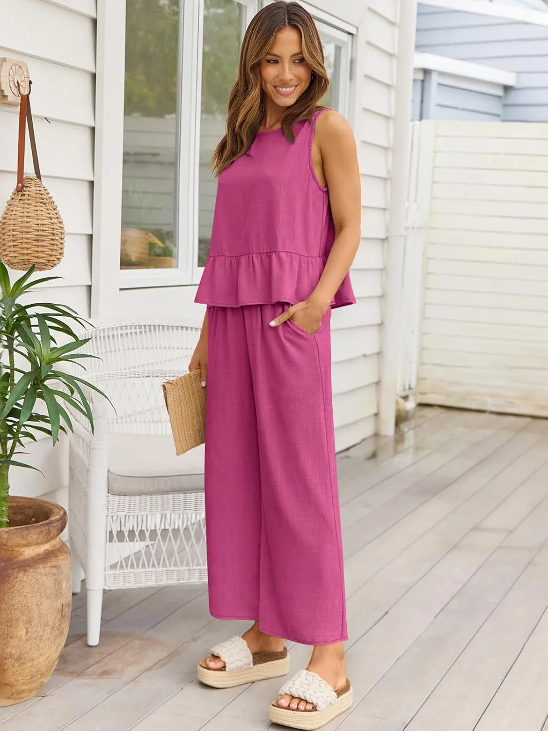 AUTOMET Womens Summer 2 Piece Outfits Linen Crop Tank Tops Lounge Matching Sets & Long Track Pants Tracksuits 2025