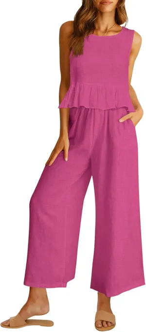 AUTOMET Womens Summer 2 Piece Outfits Linen Crop Tank Tops Lounge Matching Sets & Long Track Pants Tracksuits 2025