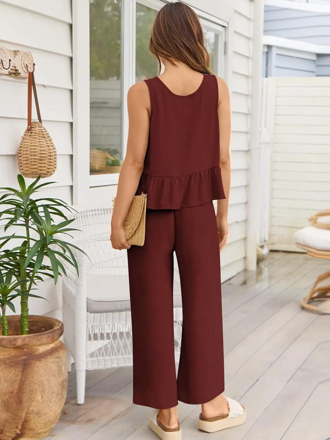 AUTOMET Womens Summer 2 Piece Outfits Linen Crop Tank Tops Lounge Matching Sets & Long Track Pants Tracksuits 2025