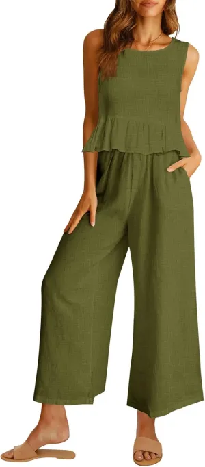 AUTOMET Womens Summer 2 Piece Outfits Linen Crop Tank Tops Lounge Matching Sets & Long Track Pants Tracksuits 2025