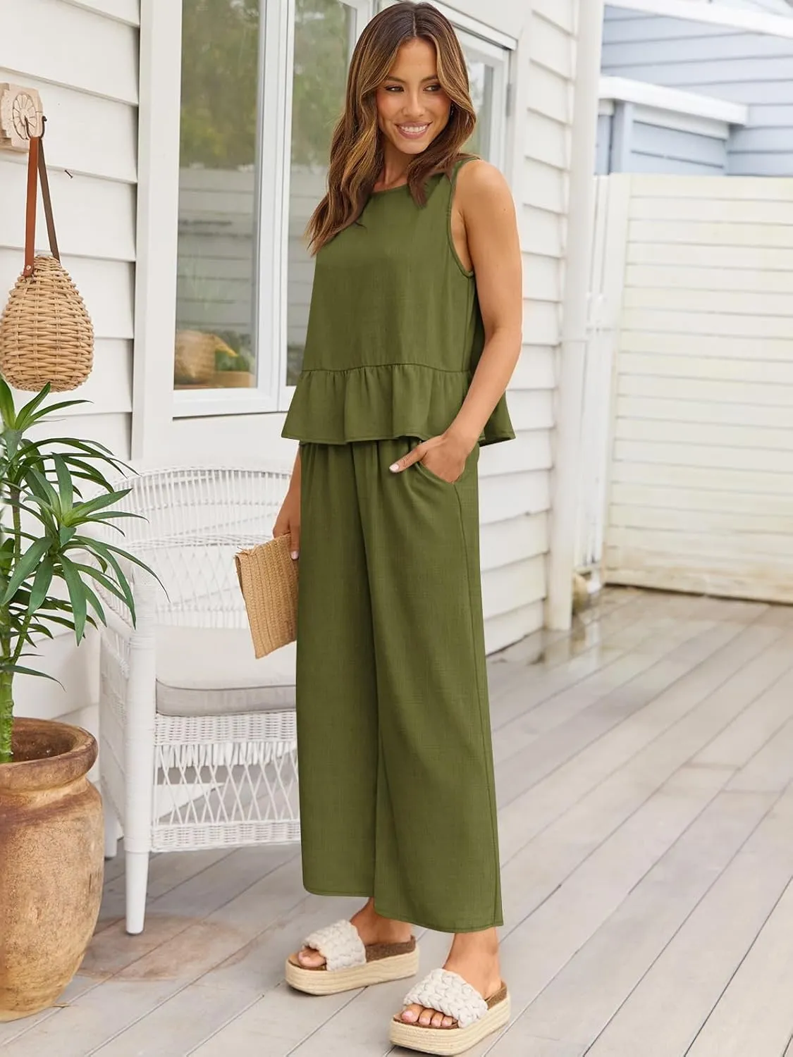 AUTOMET Womens Summer 2 Piece Outfits Linen Crop Tank Tops Lounge Matching Sets & Long Track Pants Tracksuits 2025
