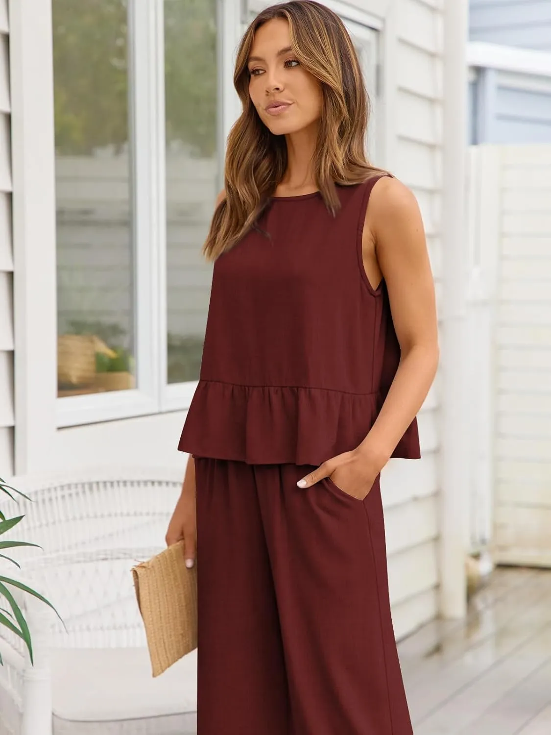 AUTOMET Womens Summer 2 Piece Outfits Linen Crop Tank Tops Lounge Matching Sets & Long Track Pants Tracksuits 2025