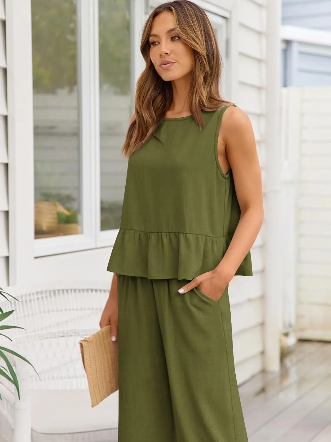 AUTOMET Womens Summer 2 Piece Outfits Linen Crop Tank Tops Lounge Matching Sets & Long Track Pants Tracksuits 2025