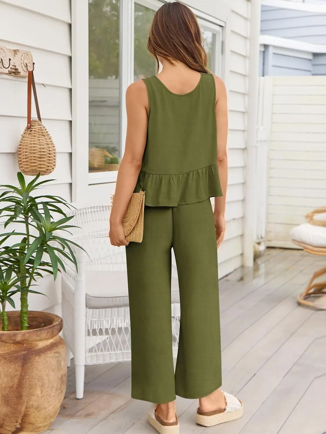 AUTOMET Womens Summer 2 Piece Outfits Linen Crop Tank Tops Lounge Matching Sets & Long Track Pants Tracksuits 2025