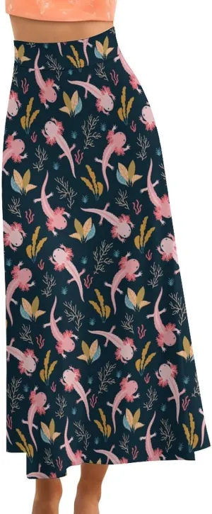 Axolotl and Sea Weed Women's Fashion Printed High Waist Flared Long Skirt