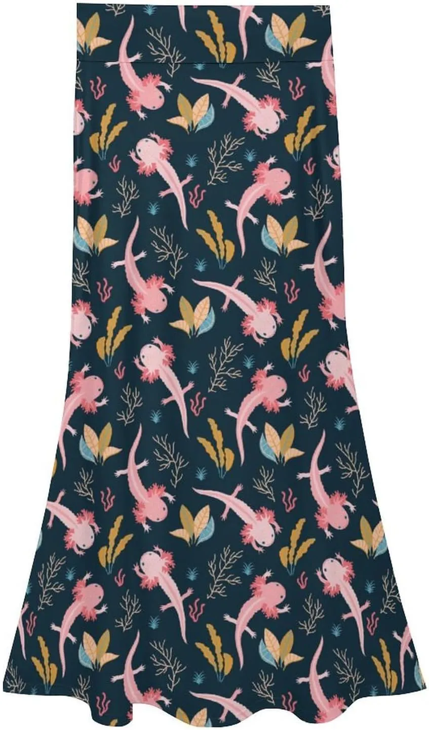 Axolotl and Sea Weed Women's Fashion Printed High Waist Flared Long Skirt