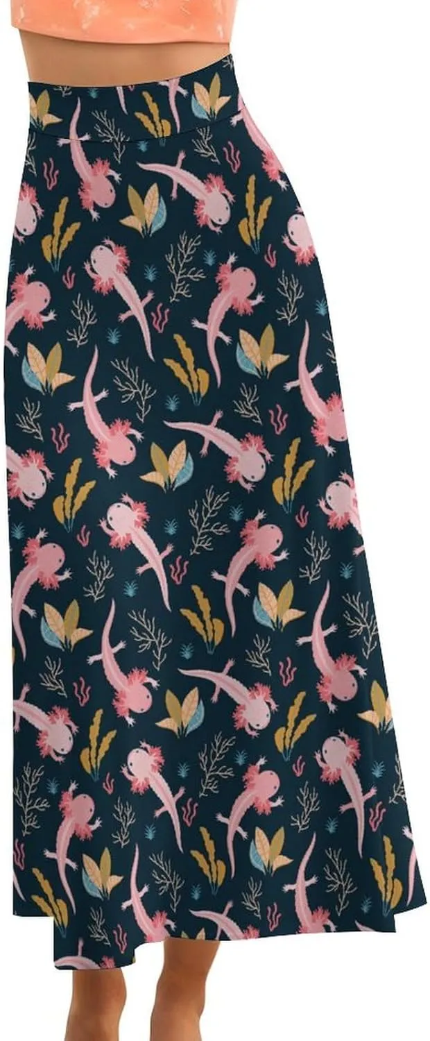 Axolotl and Sea Weed Women's Fashion Printed High Waist Flared Long Skirt
