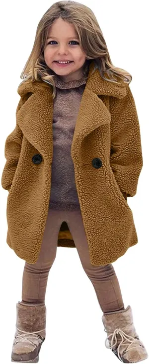 Baby Girls Faux Fur Teddy Long Coat Tollder Kids Winter Fleece Jacket Warm Outwear Clothes